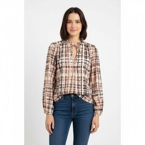 NWT Joie Jindrah Espresso Multi Tie Dye Blouse Plaid Peasant Top Size XXS $198